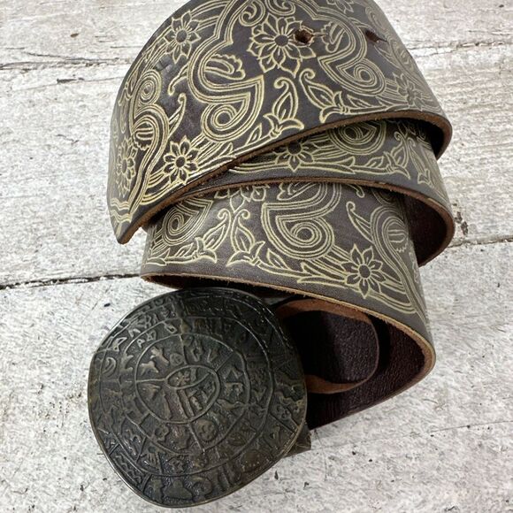 Vintage Italian Made Embossed Leather Belt With Mayan Aztec Buckle - Picture 2 of 9